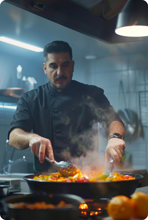 A professional chef cooking fresh, high-quality meals in the ReBuilt kitchen